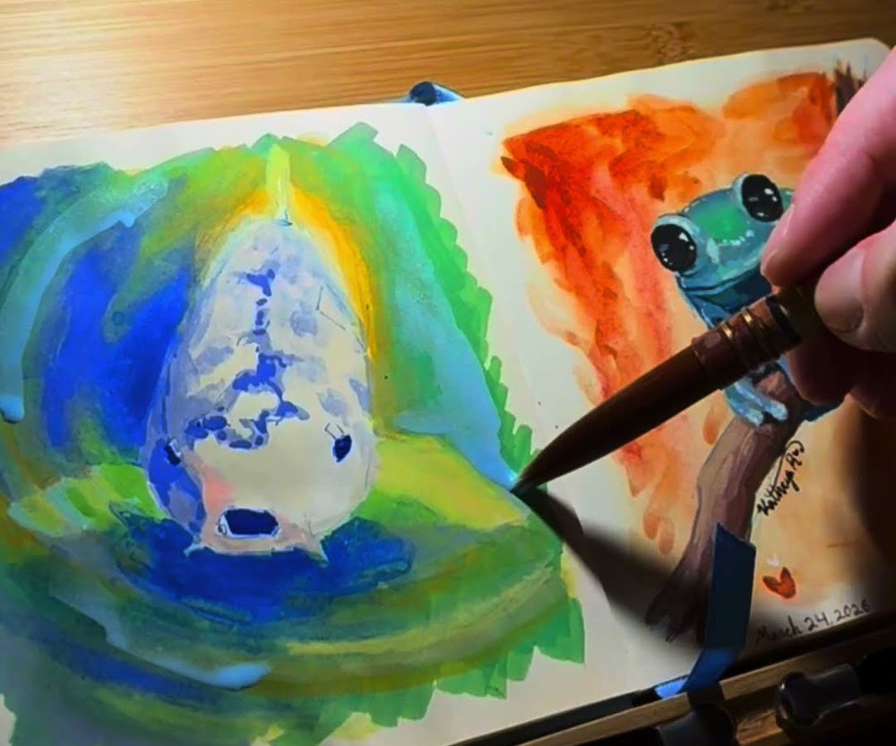 Gouache painting of a koi and a tree frog